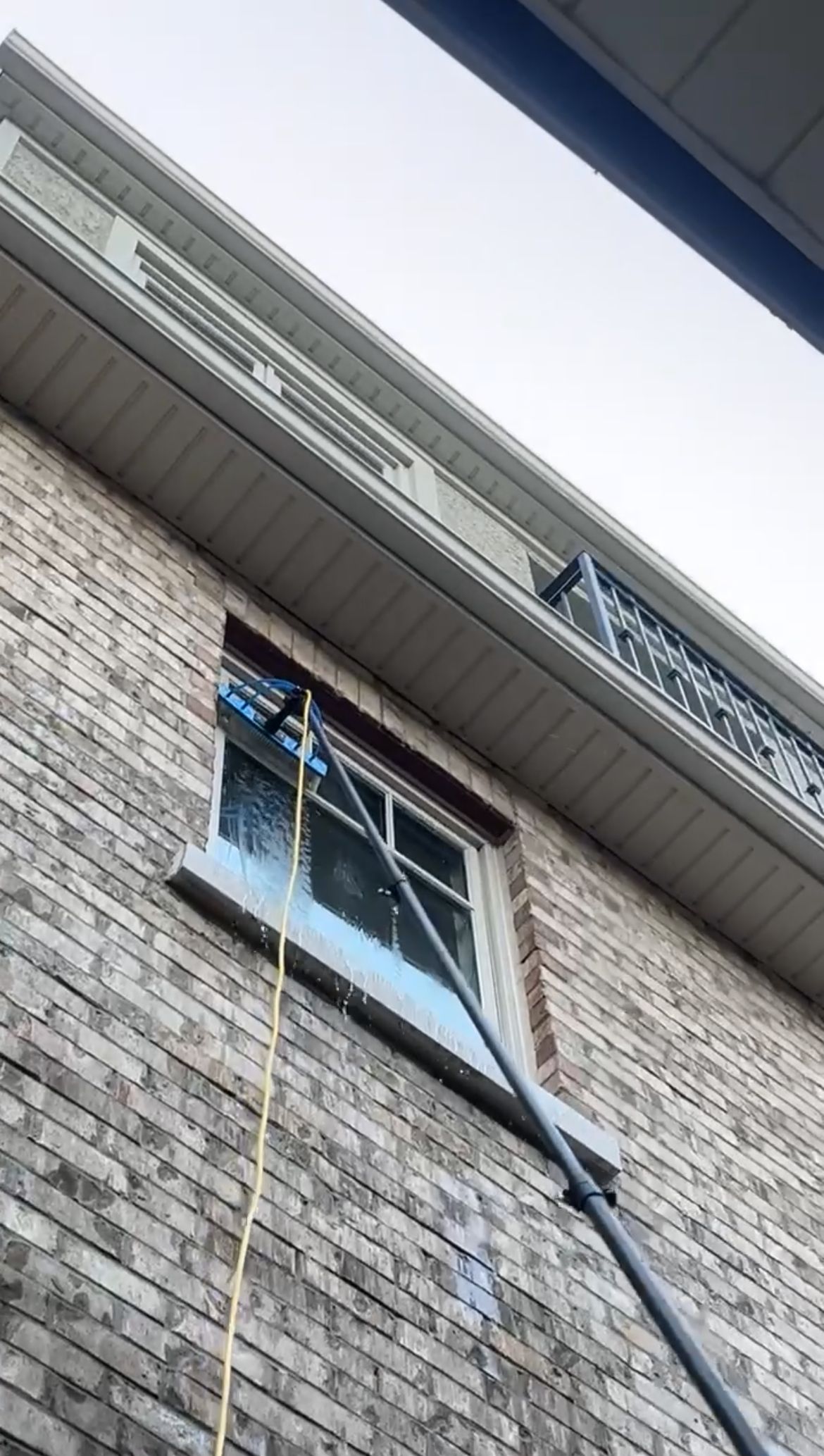 Waterfed pole cleaning an upper-storey window from the ground
